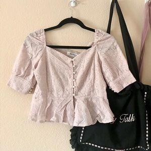 NWOT Korean brand light pink peplum eyelet lace puff sleeve blouse